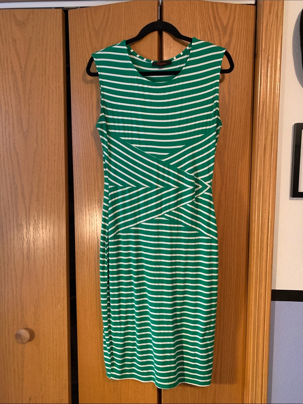 Sleeveless Green and White Striped Midi Sheath Dress